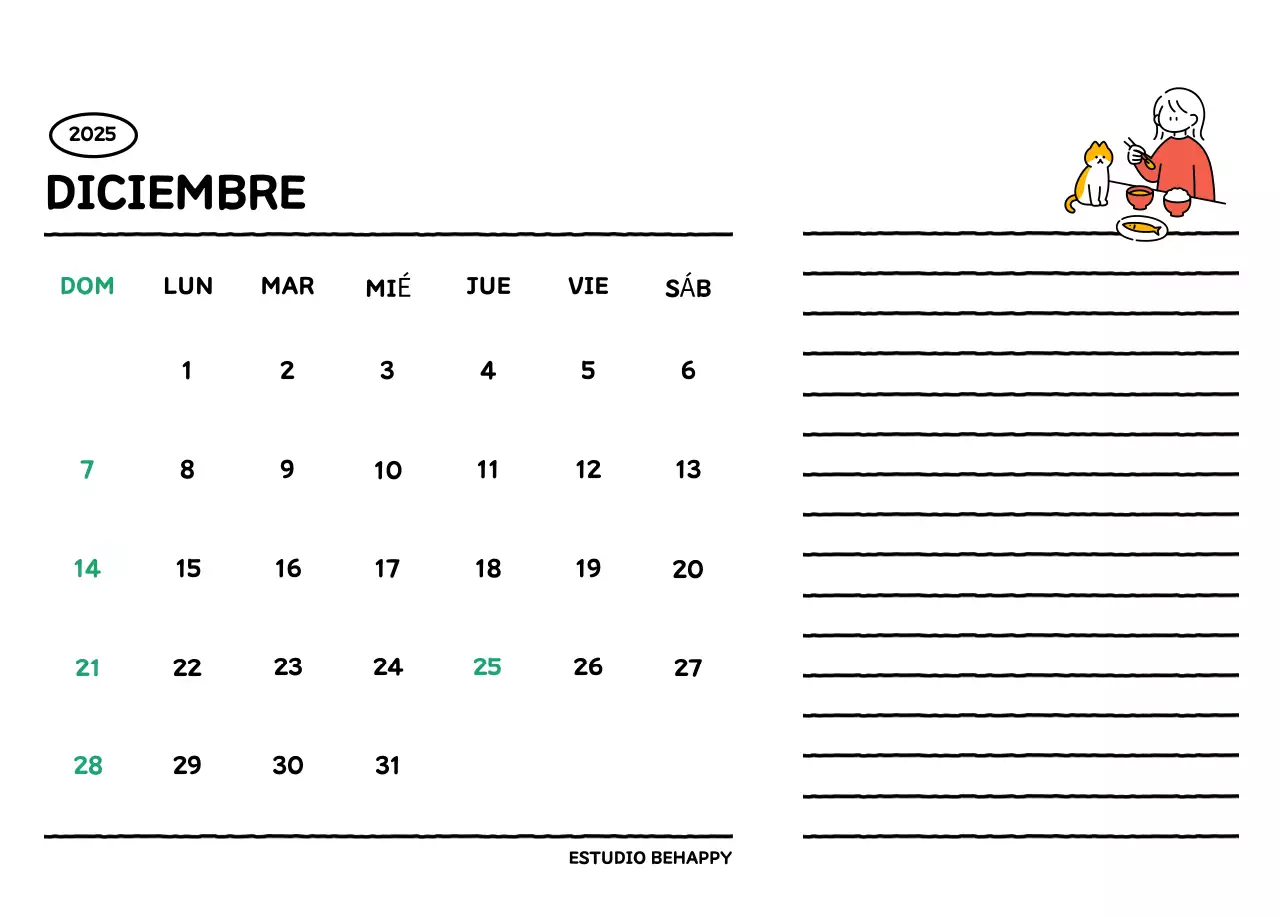 Calendario ilustrado con un bonito estilo de líneas