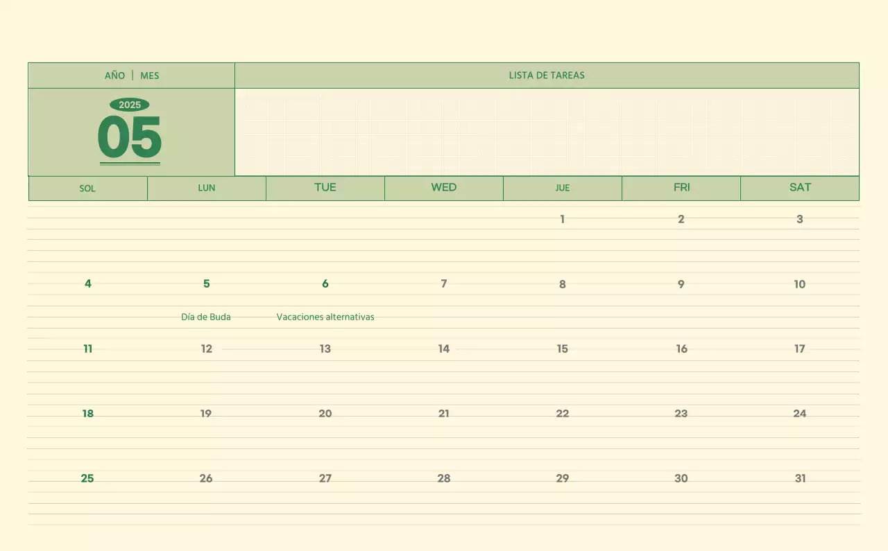 SAT Calendario de pared con concepto de bloc de notas del Día D en verde y amarillo claro