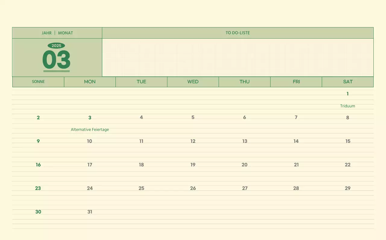 SAT D-Day Notizblock Konzept Wandkalender in grün und hellgelb