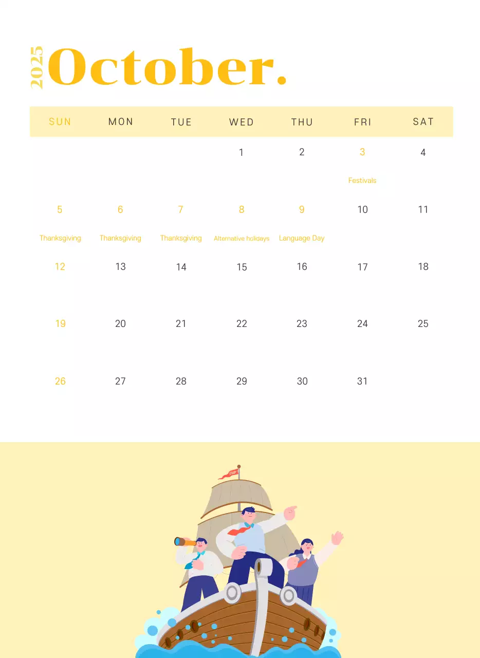 Kalender dengan ilustrasi anak muda dengan latar belakang kuning-hijau