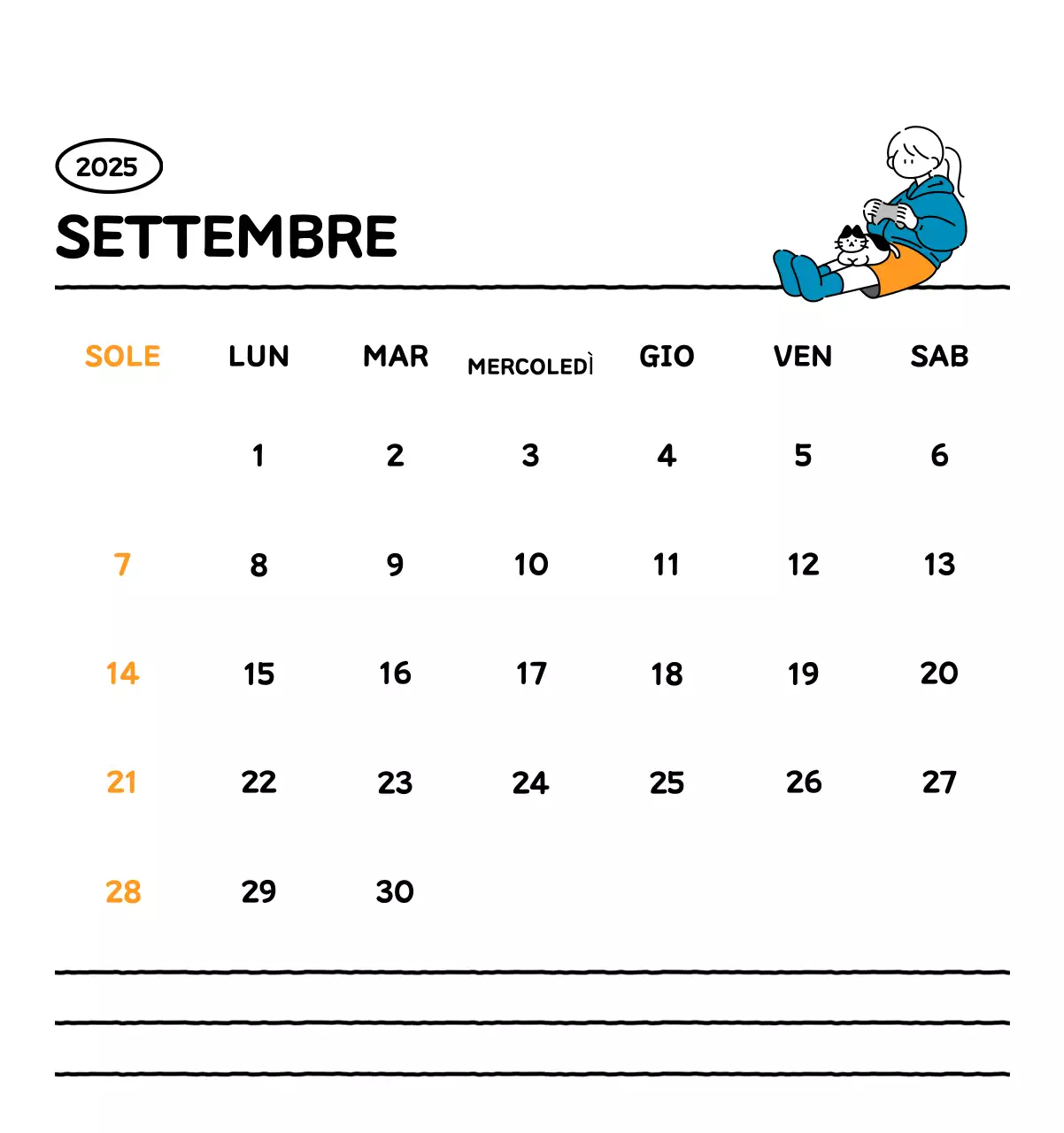 Calendario illustrato con un grazioso stile di linee
