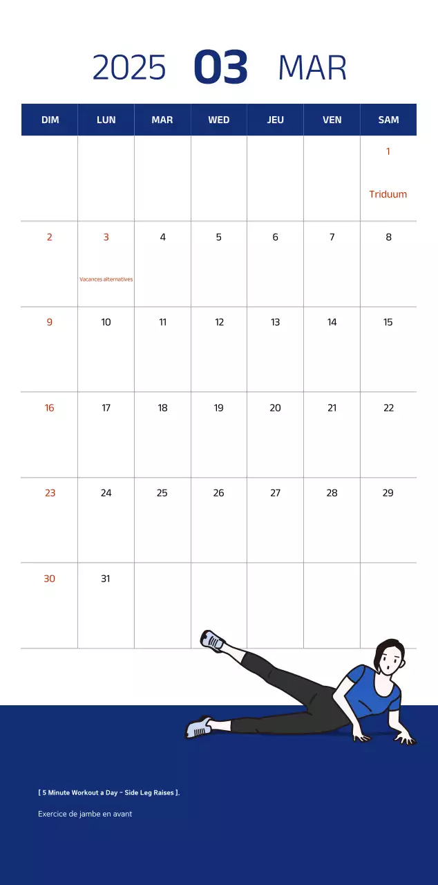 Calendrier simple avec des illustrations bleues et épurées