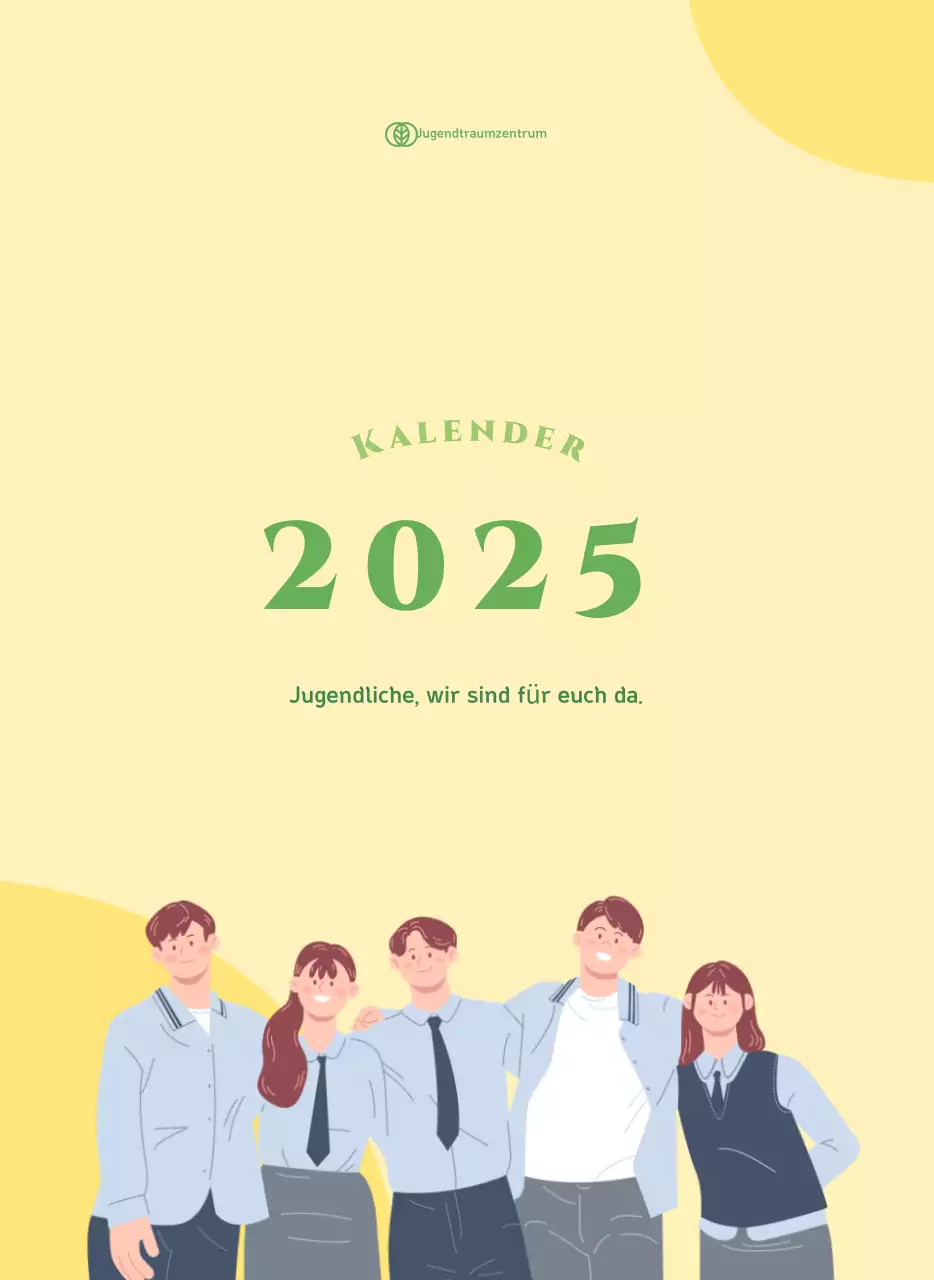 Kalender mit Jugendillustrationen auf gelb-grünem Hintergrund