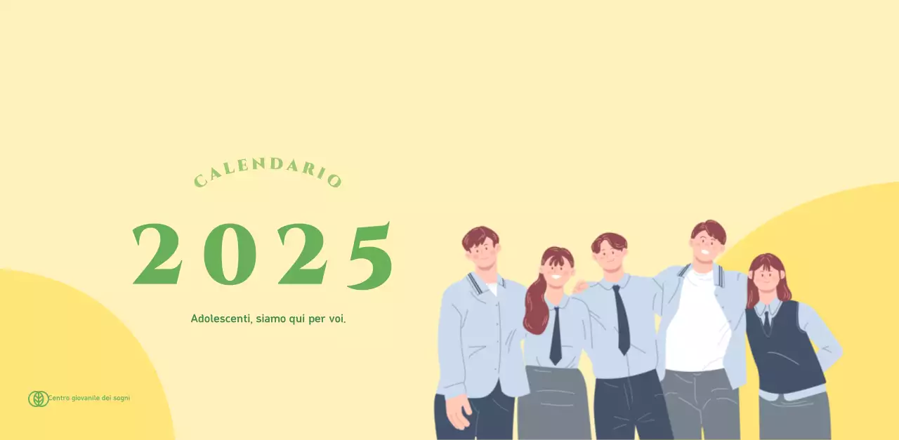 Calendario con illustrazioni giovanili su sfondo giallo-verde