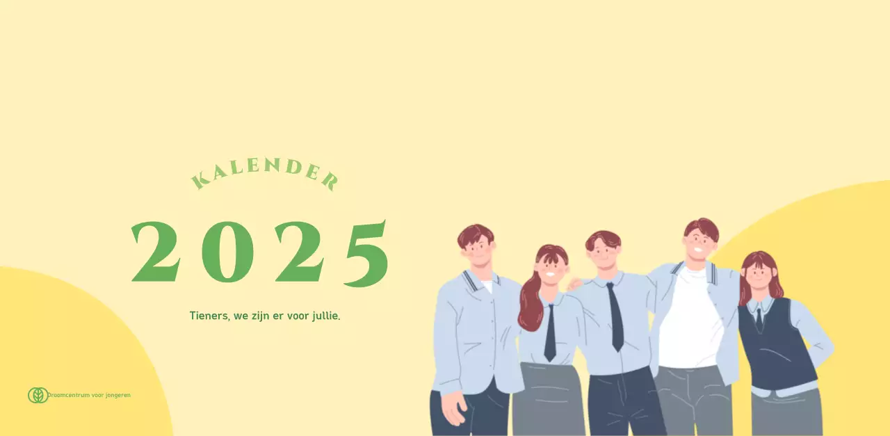Kalender met jeugdillustraties op een geelgroene achtergrond