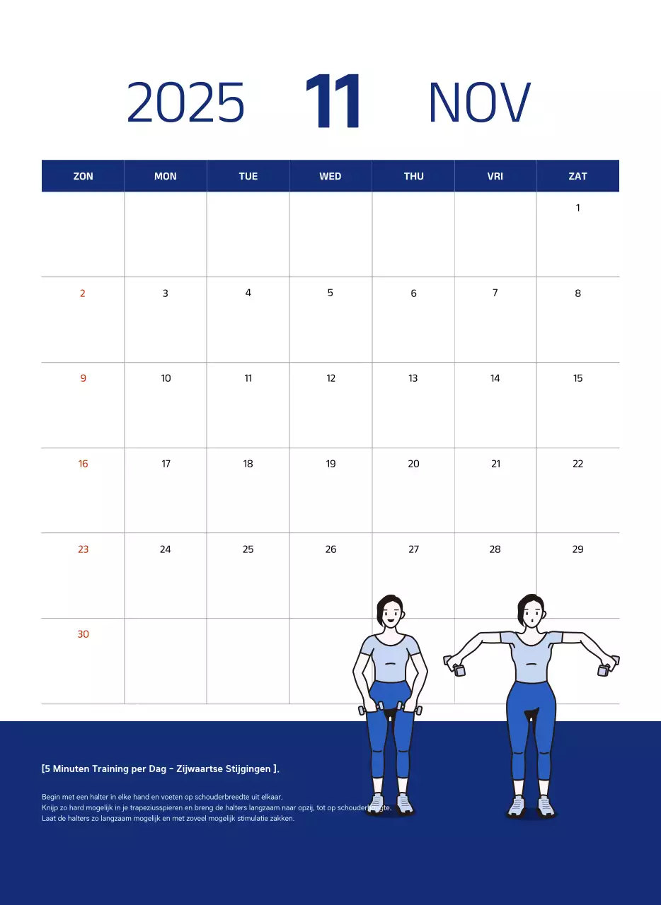 Eenvoudige kalender met blauwe, strakke illustraties