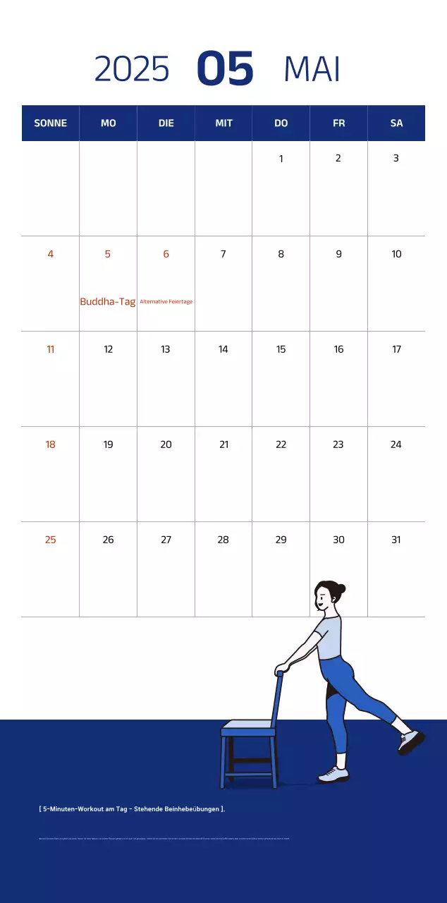 Einfacher Kalender mit blauen, klaren Illustrationen