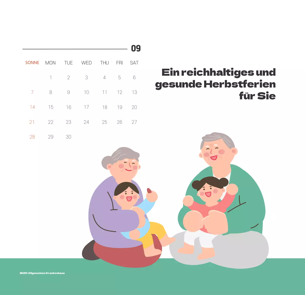 Ein festliches Krankenhaus mit Illustrationen zum Thema Gesundheit und Familie und farbenfrohen Akzenten