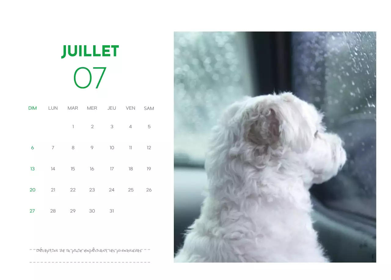 Un calendrier avec une photo de chiot et un message mignon dans une couleur verte.