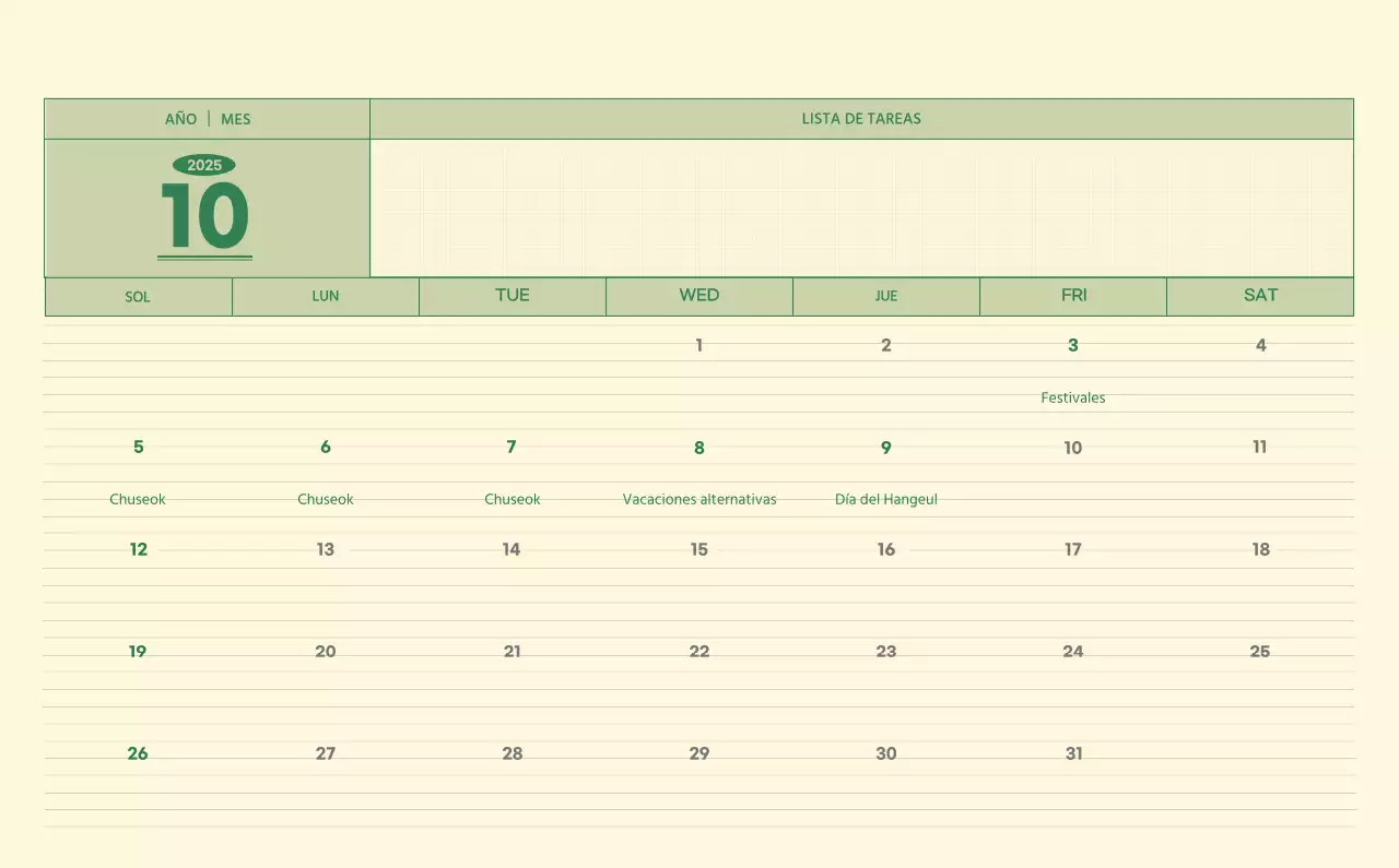 SAT Calendario de pared con concepto de bloc de notas del Día D en verde y amarillo claro
