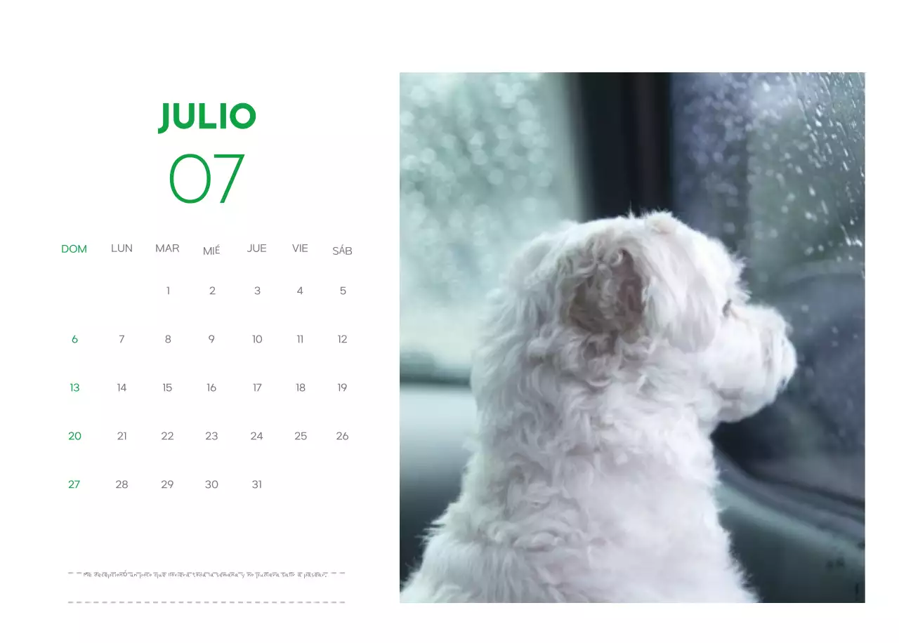 Un calendario con una foto de un cachorro y un bonito mensaje en color verde