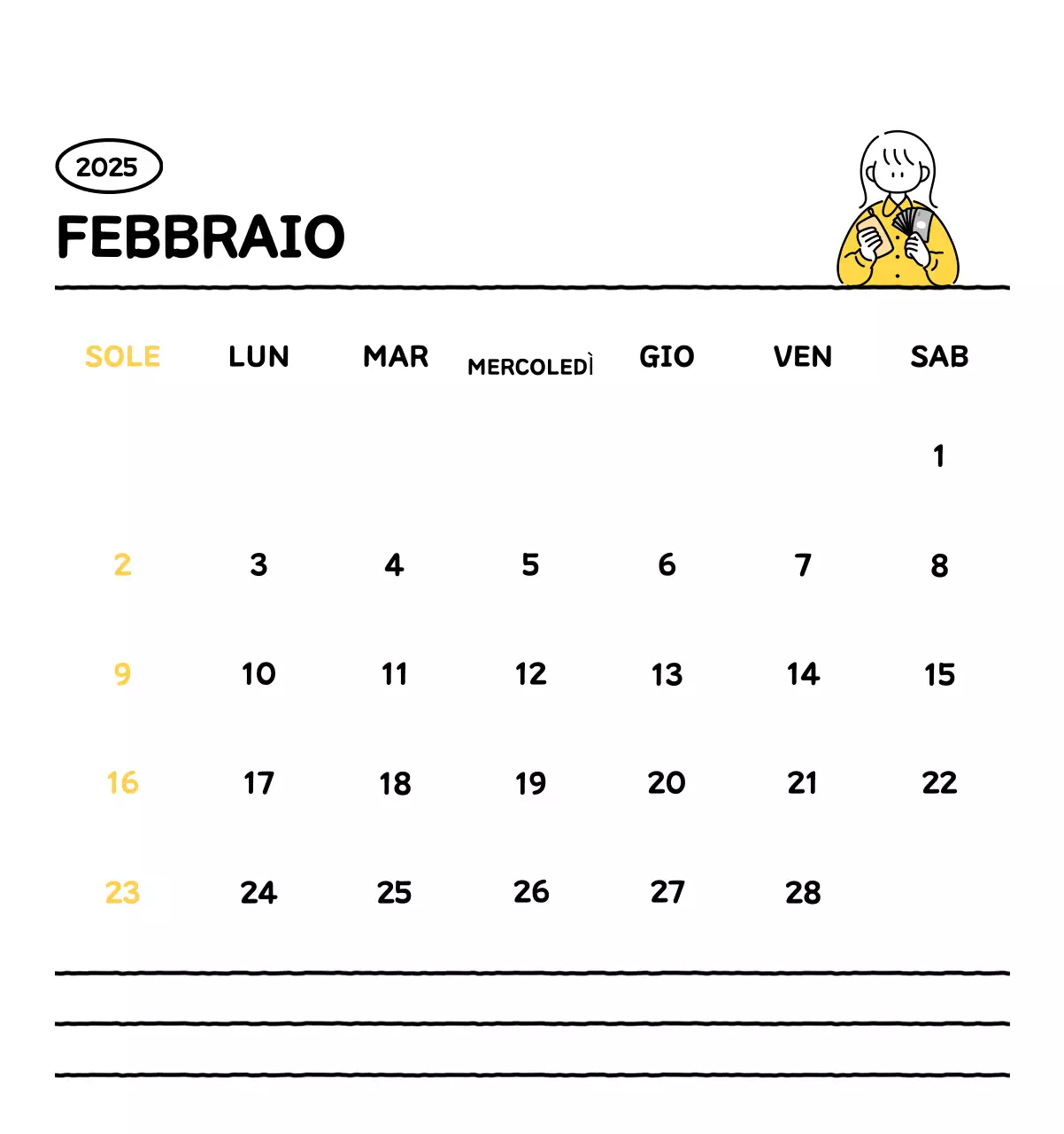 Calendario illustrato con un grazioso stile di linee