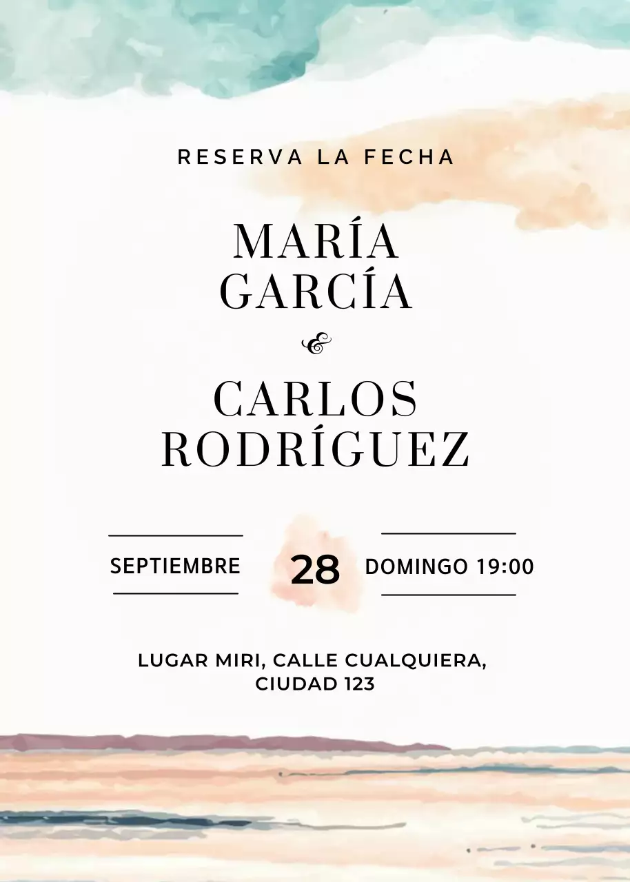 Invitación de boda naranja azul estilo elegante