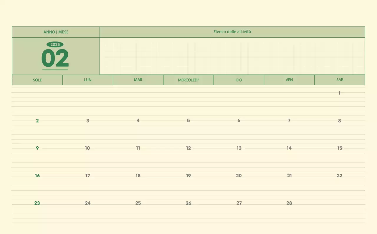 Calendario da parete SAT D-Day concept in verde e giallo chiaro