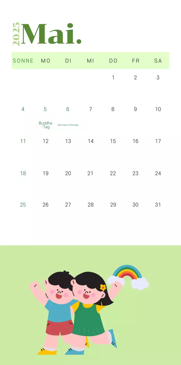 Kalender mit Jugendillustrationen auf gelb-grünem Hintergrund