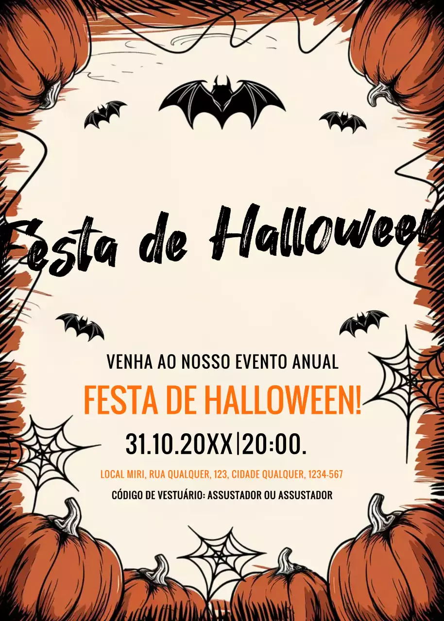 Convite de festa de Halloween bege laranja preto