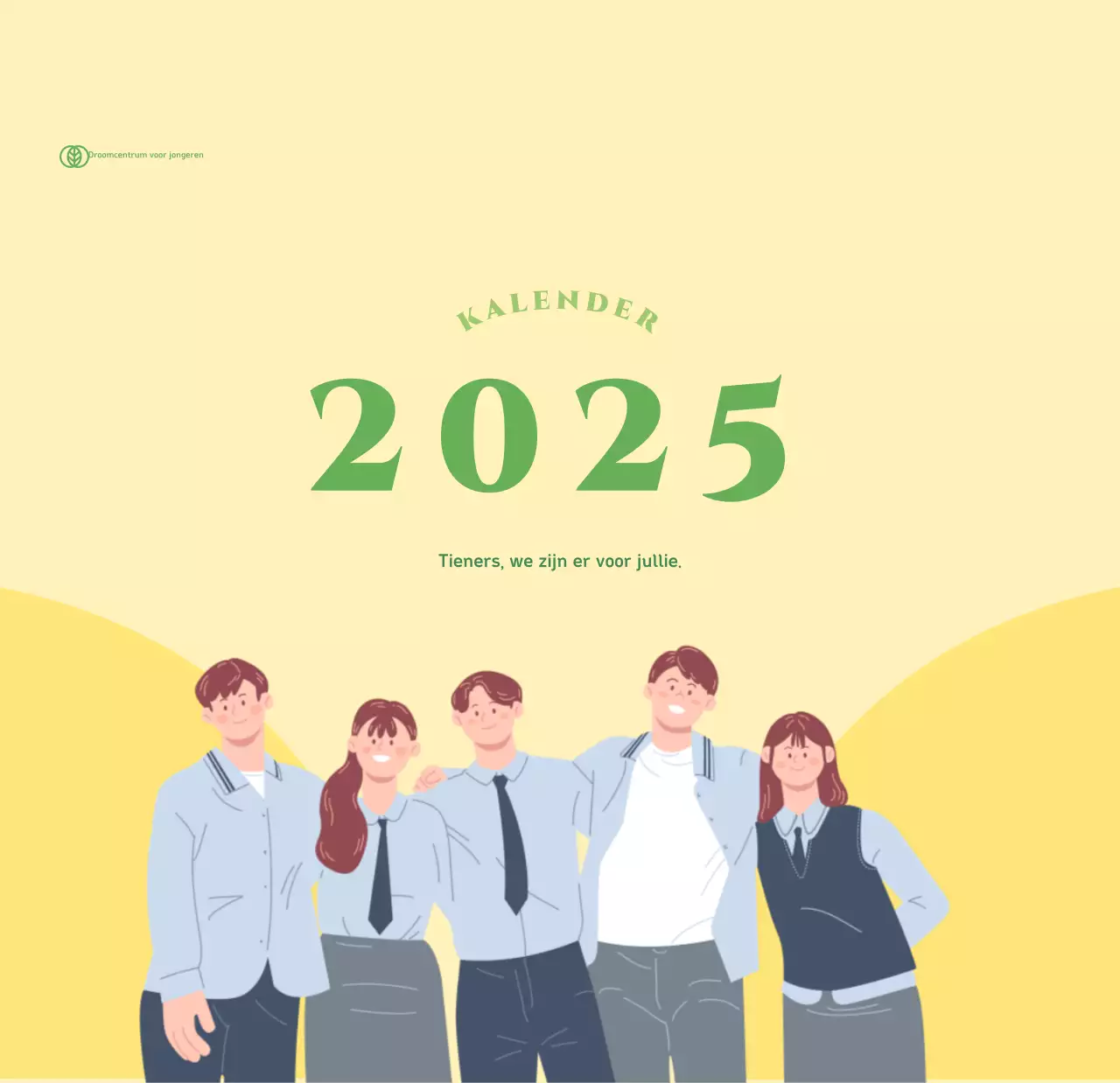 Kalender met jeugdillustraties op een geelgroene achtergrond