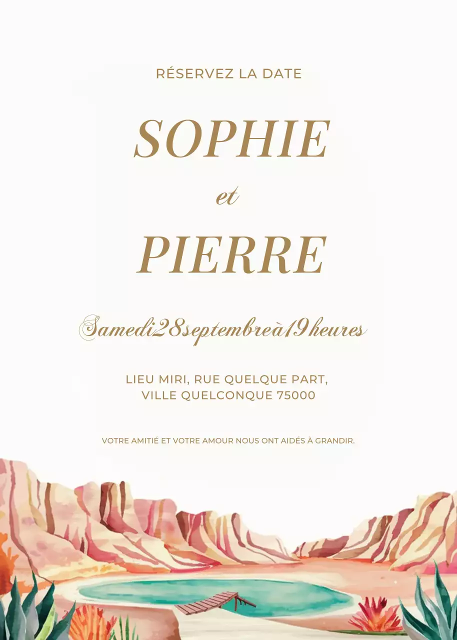 Invitation de mariage beige orange bleu style élagant