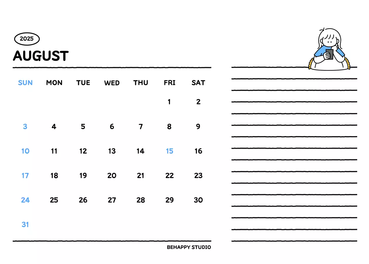 Illustrated calendar with a cute line style