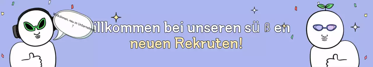 Willkommensgruß für neue Mitarbeiter mit Gag in lila und gelb