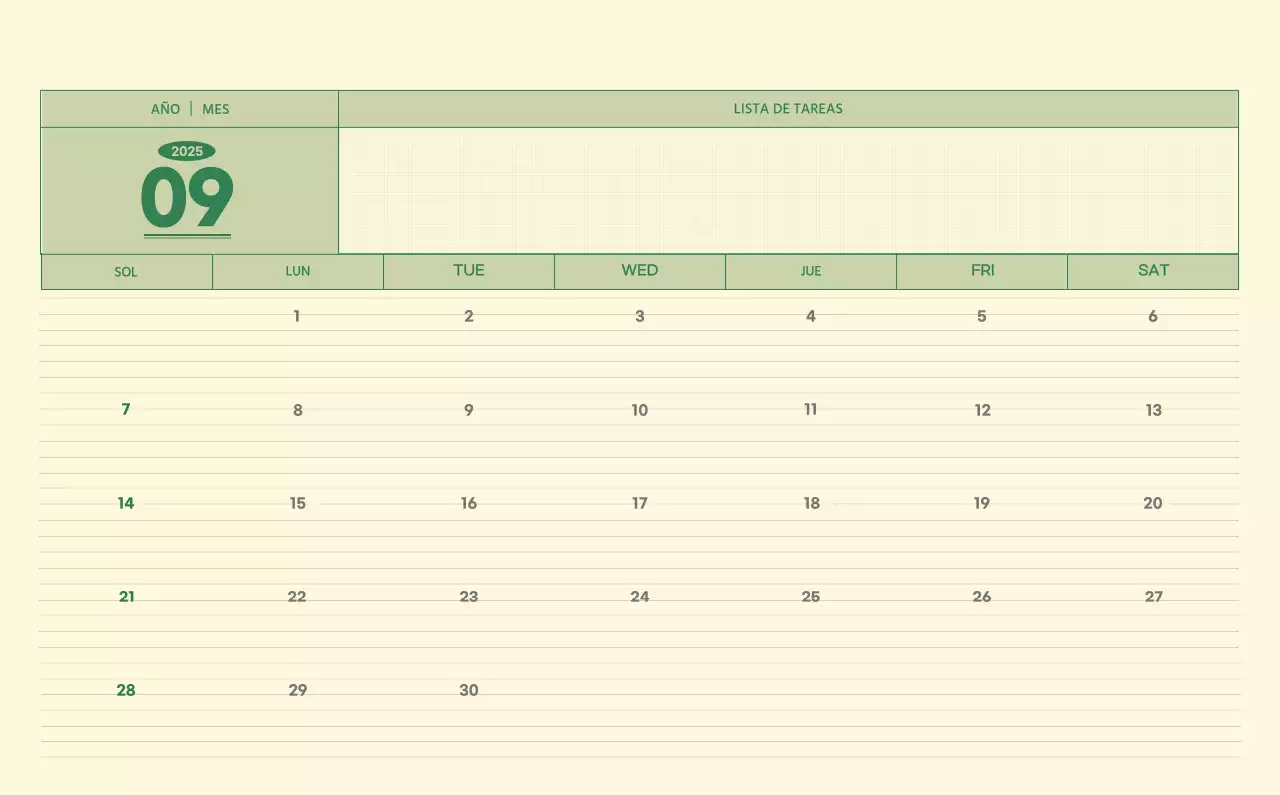 SAT Calendario de pared con concepto de bloc de notas del Día D en verde y amarillo claro