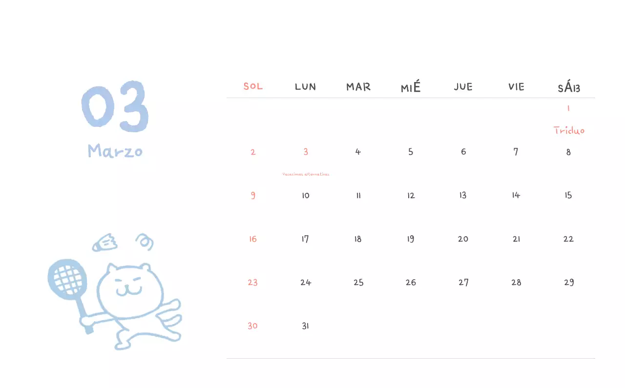 Calendario diario en marfil