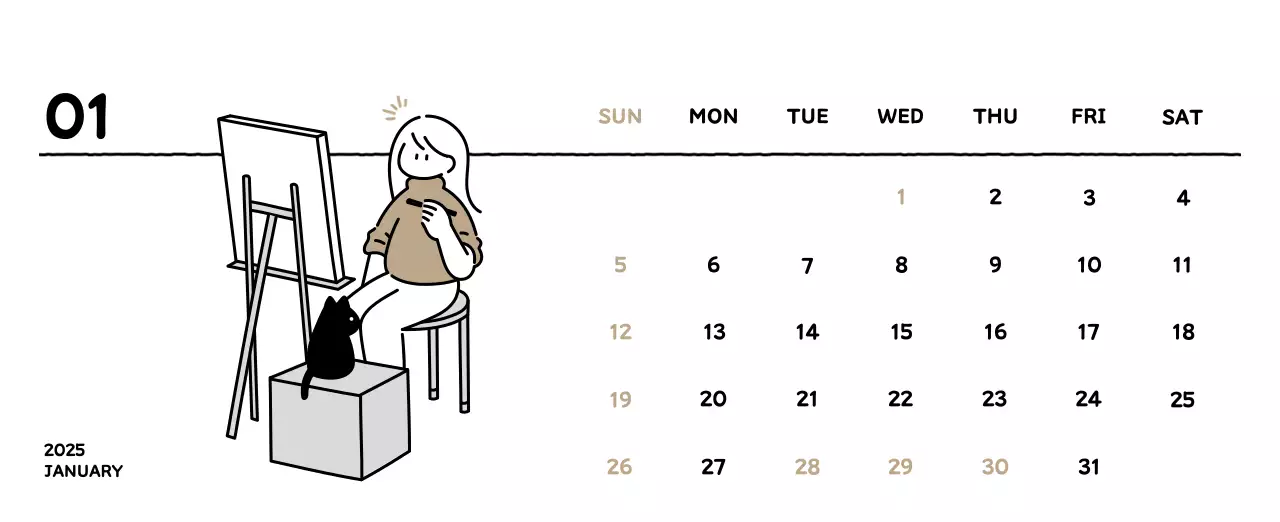 Illustrated calendar with a cute line style