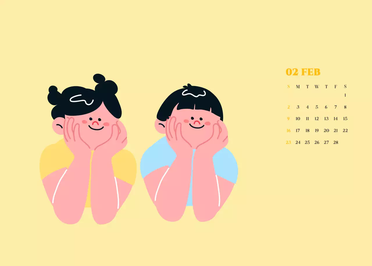 Calendario con illustrazioni giovanili su sfondo giallo-verde