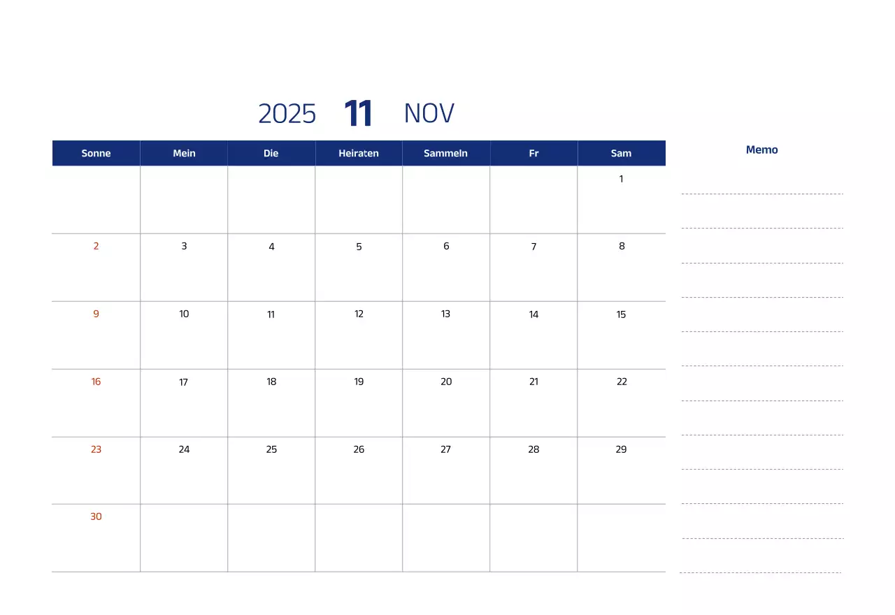 Einfacher Kalender mit blauen, klaren Illustrationen