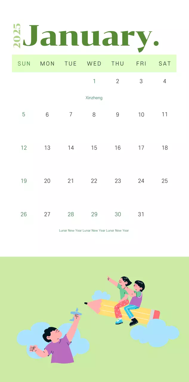 Calendar with youth illustrations on a yellow-green background