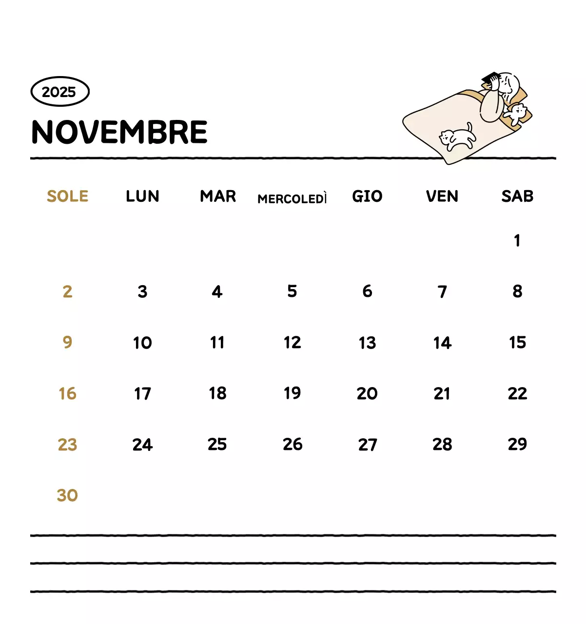 Calendario illustrato con un grazioso stile di linee