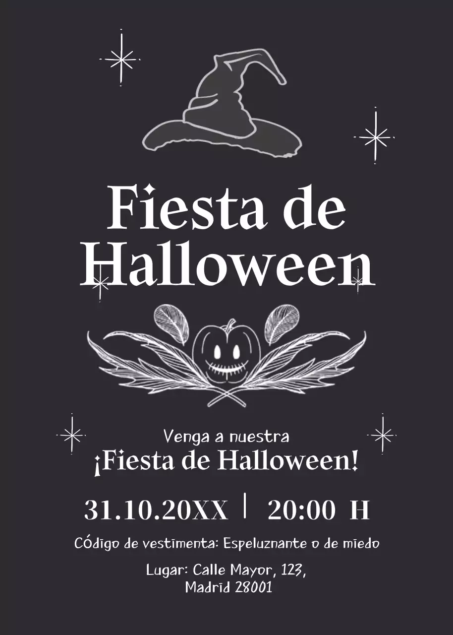 Invitación a una fiesta de Halloween en blanco y negro