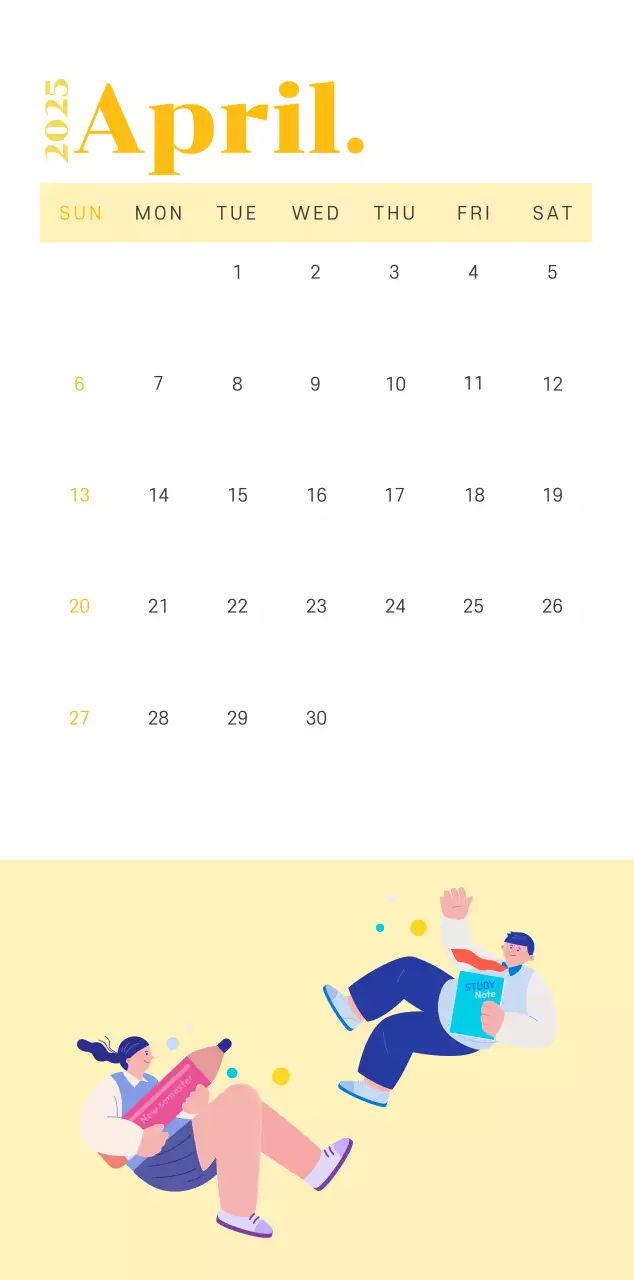 Calendar with youth illustrations on a yellow-green background