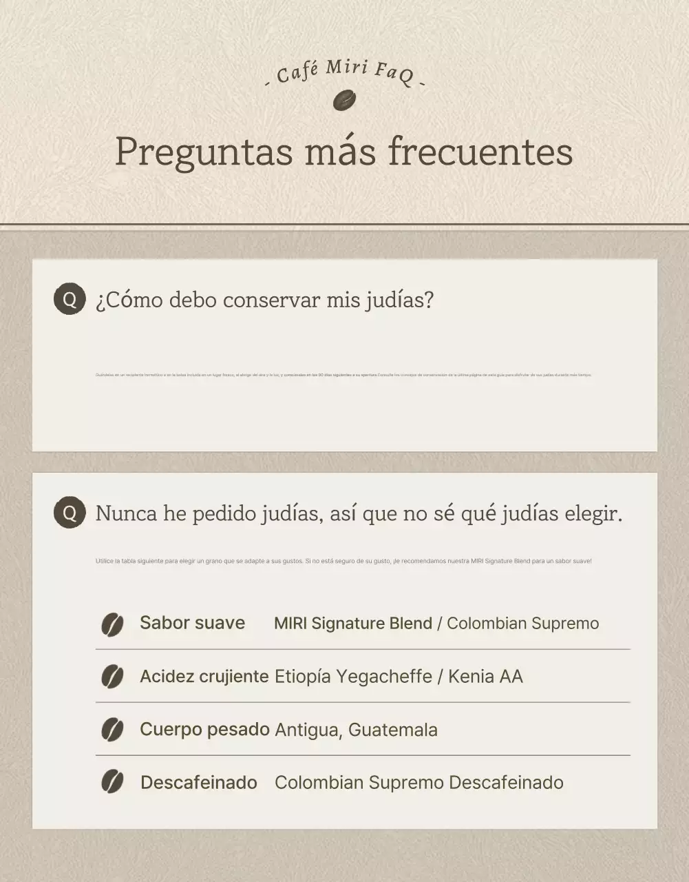 Granos de café vintage beige y marrón página de detalles