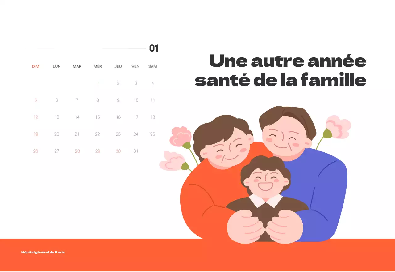 Un hôpital festif avec des illustrations sur le thème de la santé et de la famille et des accents colorés.