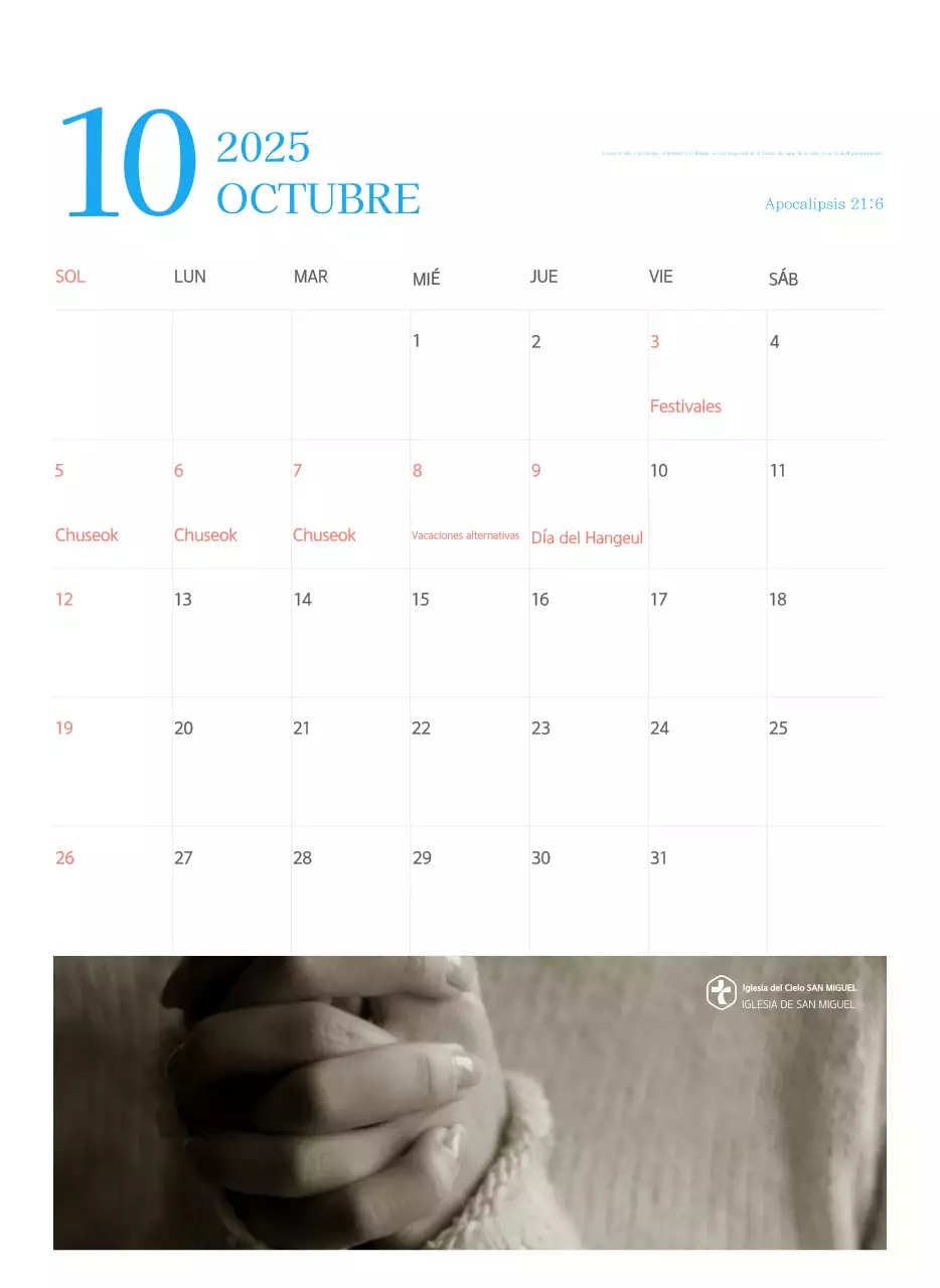 Calendario eclesiástico azul de concepto moderno