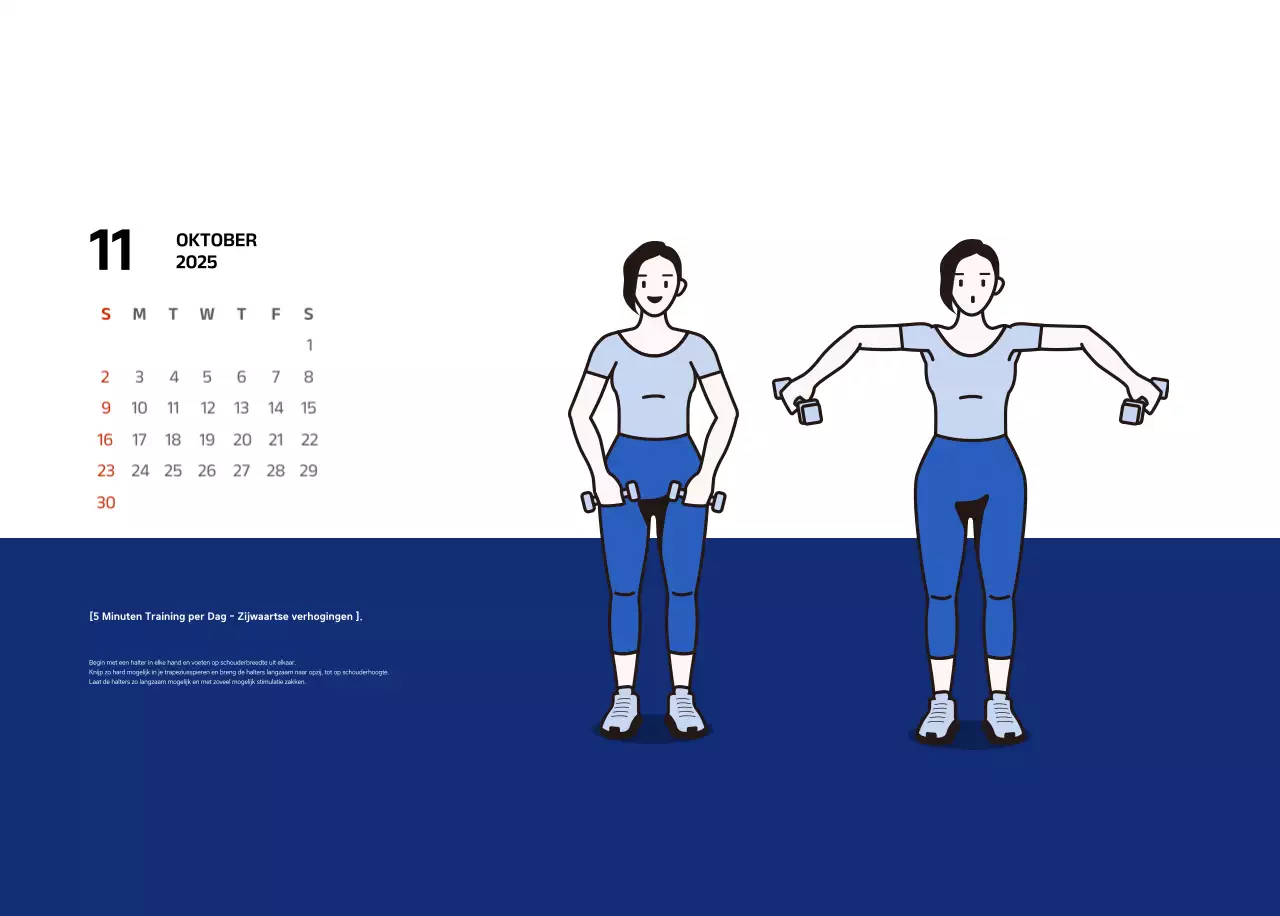 Eenvoudige kalender met blauwe, strakke illustraties