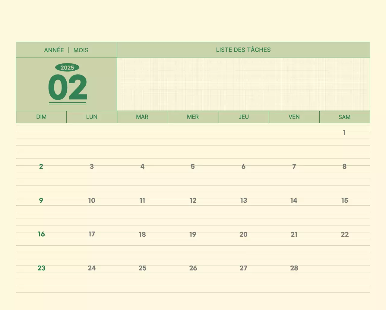 Calendrier mural SAT D-Day concept notepad en vert et jaune clair