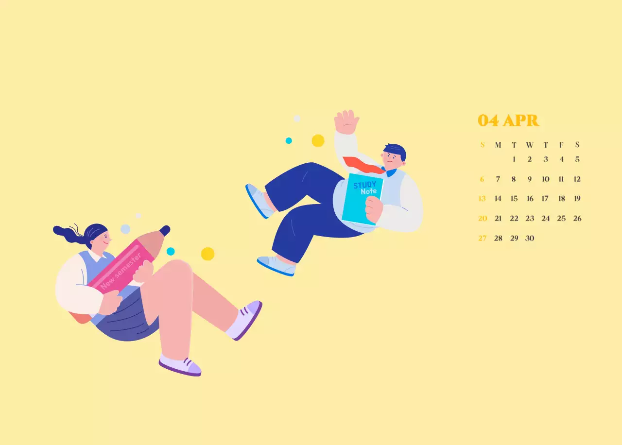 Kalender met jeugdillustraties op een geelgroene achtergrond