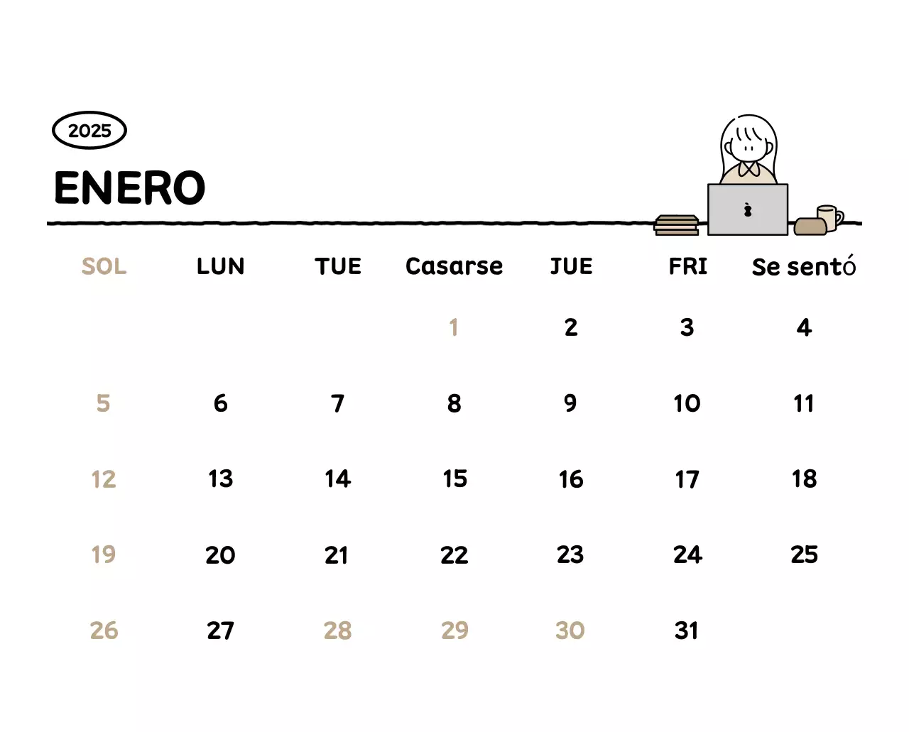 Calendario ilustrado con un bonito estilo de líneas