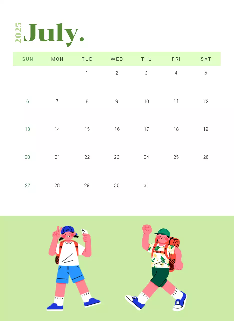 Kalender dengan ilustrasi anak muda dengan latar belakang kuning-hijau