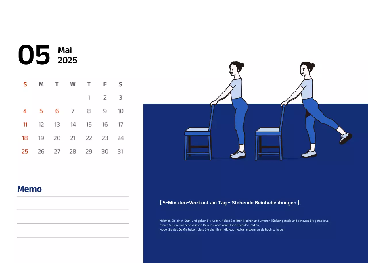 Einfacher Kalender mit blauen, klaren Illustrationen