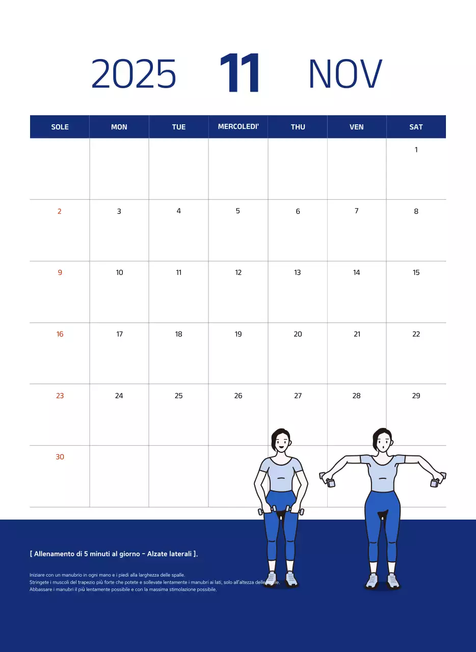 Calendario semplice con illustrazioni blu e pulite