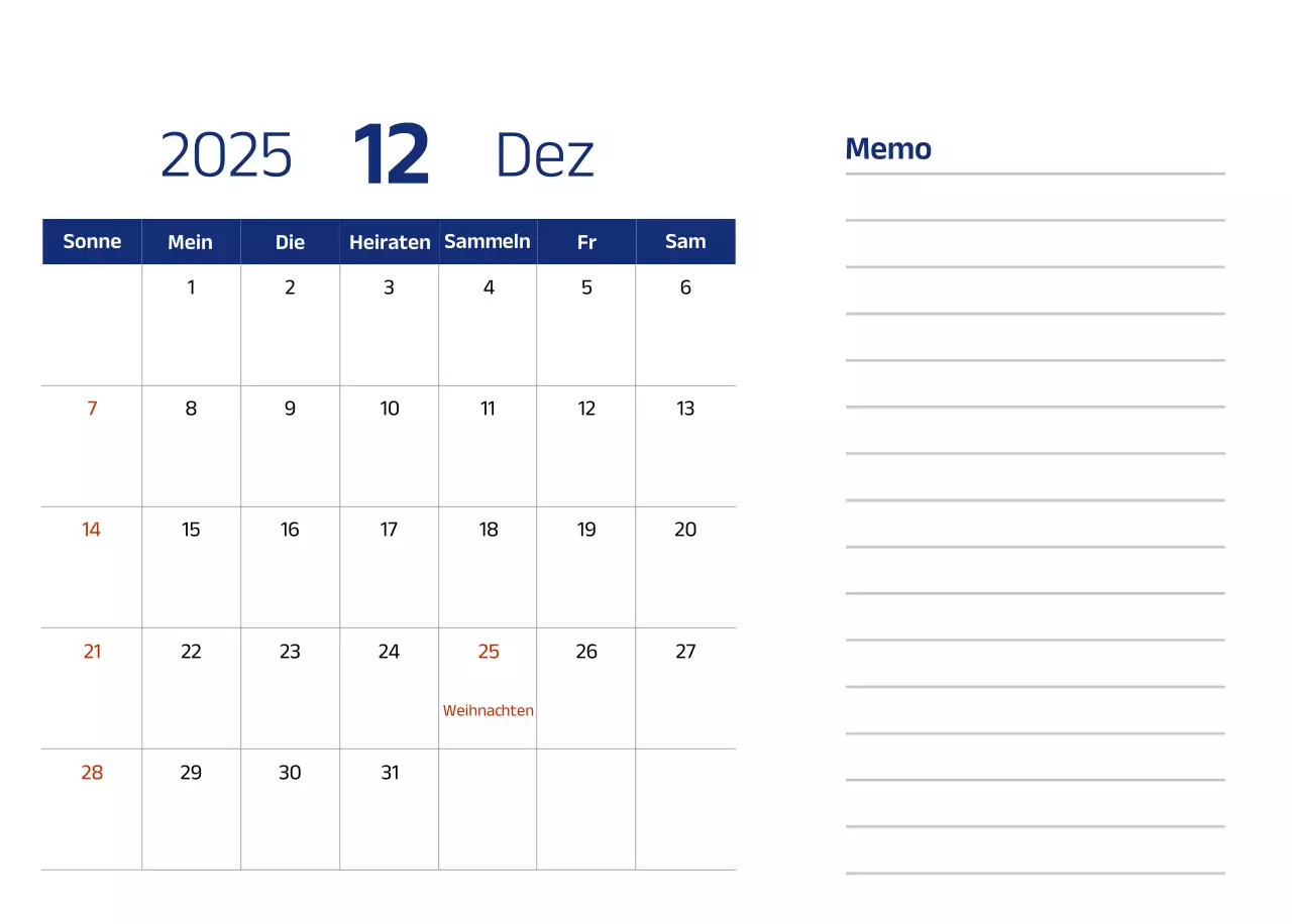Einfacher Kalender mit blauen, klaren Illustrationen