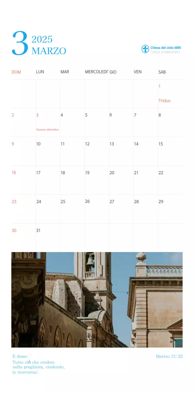 Calendario ecclesiastico blu di concezione moderna