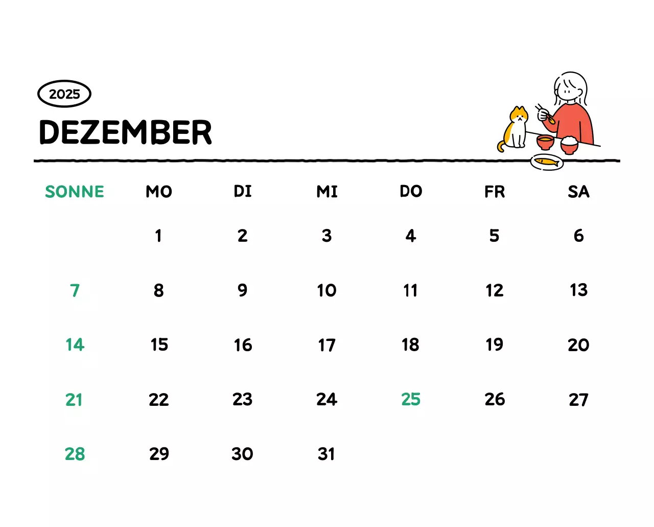 Illustrierter Kalender mit schönem Linienstil