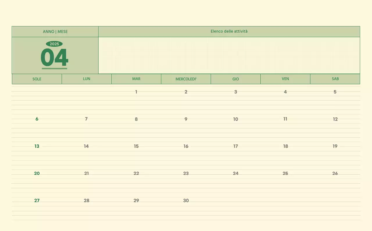 Calendario da parete SAT D-Day concept in verde e giallo chiaro