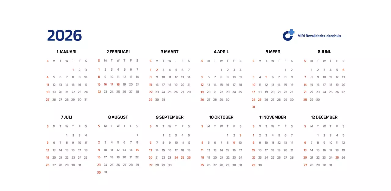 Eenvoudige kalender met blauwe, strakke illustraties
