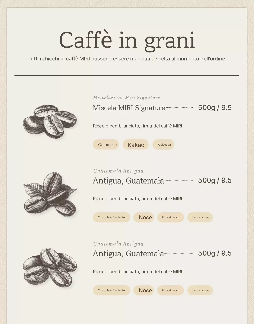 Pagina di dettaglio chicchi di caffè vintage beige e marrone