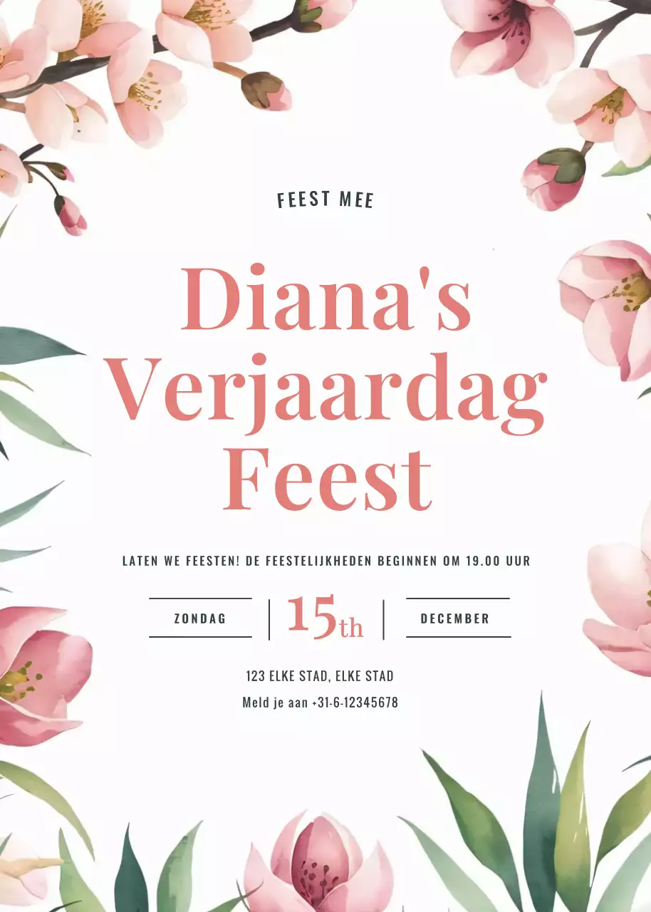 Roze groene bloemen verjaardagsuitnodiging